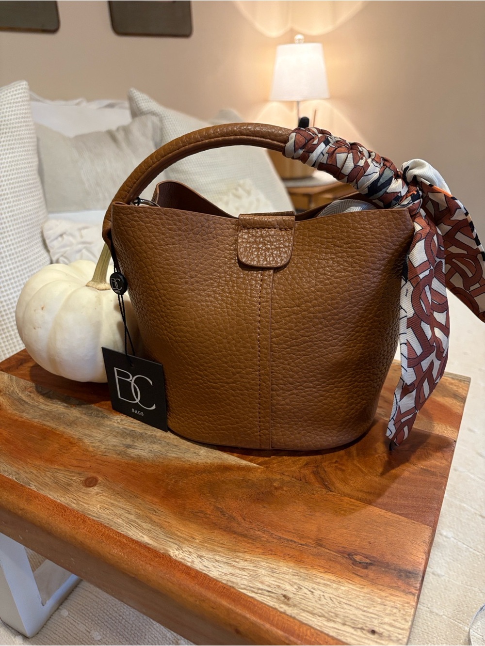 Brown Pebbled Leather Top-Handle Shoulder Bag with Scarf Accent